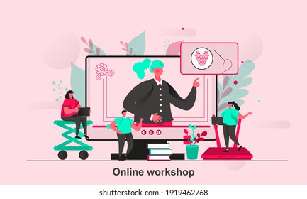 Online workshop web concept design in flat style. Online training with teacher scene visualization. Hobby courses and thematic webinars. Vector illustration with tiny people characters in situation.