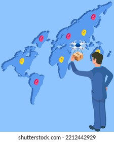 Online world. Global network connection concept. Worldwide delivery services. Internet communication. International interaction. Person looking at map of area with marks. Intercontinental business
