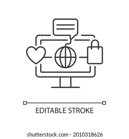 Online world linear icon. Digital shopping experience. Telecommuting. Using social media. Thin line customizable illustration. Contour symbol. Vector isolated outline drawing. Editable stroke