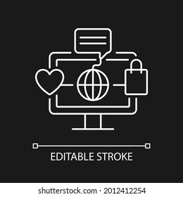Online world white linear icon for dark theme. Digital shopping experience. Telecommuting. Thin line customizable illustration. Isolated vector contour symbol for night mode. Editable stroke