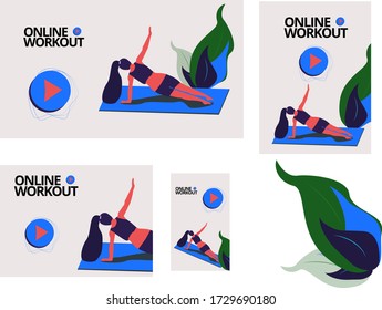 Online worout, trainig. Fitness girl planking. Set for different size screen. Landing page template. Easy to edit and customize. Vector illustration. Bottle and plants.