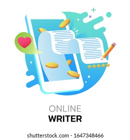 Online writer on mobile digital application technology, Making money by writing online concept, Vector illustration