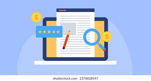 Online writing job, content writing service, people making money from website content writing, blogging - vector illustration background with icons