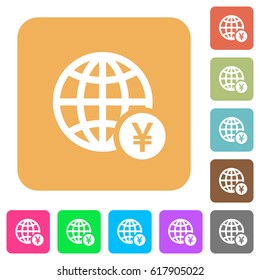 Online Yen payment flat icons on rounded square vivid color backgrounds.
