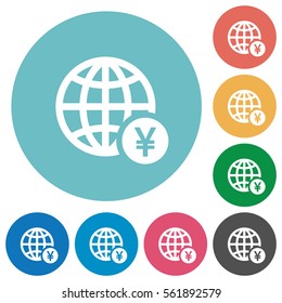 Online Yen payment flat white icons on round color backgrounds