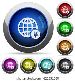 Online Yen payment icons in round glossy buttons with steel frames