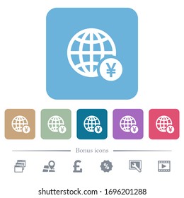 Yen en línea paga iconos planos blancos en fondos cuadrados redondeados de color. 6 iconos de bonificación incluidos