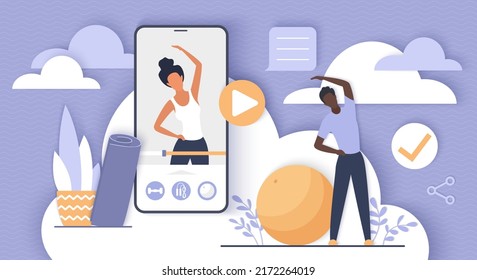 Online yoga app for mobile phone. Tiny people training with teacher to practice physical exercises meditation in video lesson, workout 3d flat vector illustration. Wellness, healthy lifestyle concept