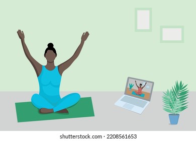 Online yoga class. A black girl watches an online yoga lesson on a laptop and trains at home. Faceless illustration, concept