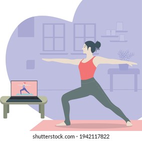 Online yoga class concept with laptop and woman