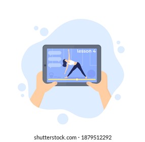 online yoga class, tablet in hands, vector illustration