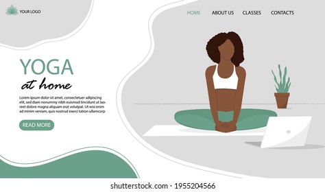 Online yoga classes, an African woman teaches yoga online. Banner for online yoga. Vector illustration, eps 10