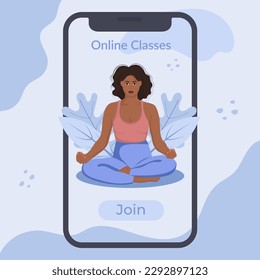 Online yoga classes banner, social media post template with mobile phone.  Screen with woman sitting in lotus pose.