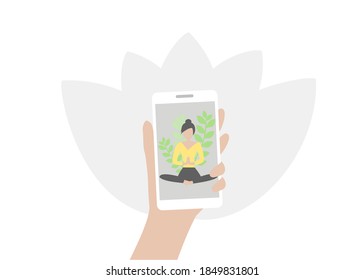 Online yoga classes concept. Hand holding phone with yoga teacher in lotus position and plants. Isolated on white background with grey lotus flower background