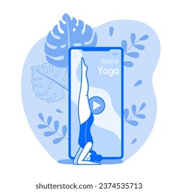Online Yoga Klassen Konzept in Line Art Design. Frauen, die über das Internet eine Yogastellung auf Kopfstand machen, mit Anwendung für intelligentes Fitness-Training. Der weibliche Trainer auf dem Handy-Bildschirm führt digitale Live-Unterricht.