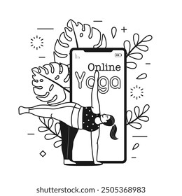 Online yoga classes concept in line art design. Body positive woman doing yoga using application for smart fitness session via internet. Plus size female on digital workout.