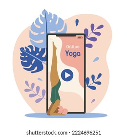 Online yoga classes smartphone interface. Woman doing yoga using application for smart fitness session via internet. Female coach on phone screen conducts digital live lesson.