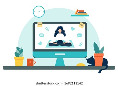 Online Yoga Concept With Computer, Plants And Cat. Screen With Girl In Yoga Lotus Practices Meditation. Vector Illustration In Flat Style. Stay At Home. Self-isolation.