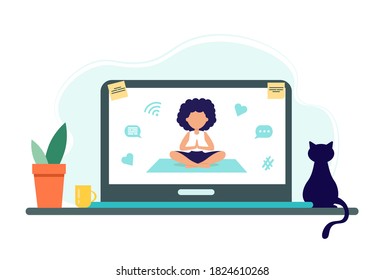 Online yoga concept with computer, plants and cat. Screen with girl in yoga lotus practices meditation. Vector illustration in flat style. Stay at home. Self-isolation.