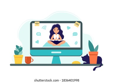 Online yoga concept with computer, plants and cat. Screen with girl in yoga lotus practices meditation. Vector illustration in flat style. Stay at home. Self-isolation.