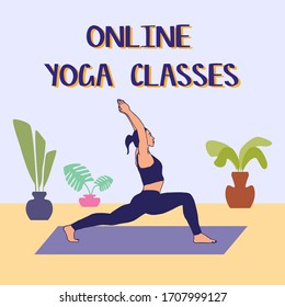 Online yoga concept. Girl doing yoga at home. Healthy lifestyle illustration