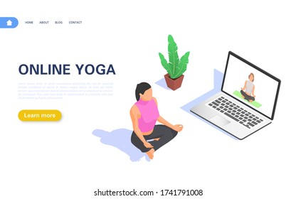 Online yoga concept. A girl practices yoga and meditation while watching a broadcast on a laptop while staying at home. Vector isometric illustration.
