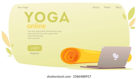 Online yoga concept. Landing page for website design with notepad and attributes for yoga and fitness. Online yoga concept. Online yoga with instructor at home web banner, landing. Vector flat illustr