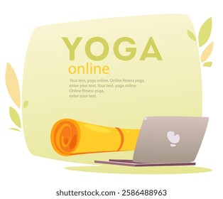 Online yoga concept. Landing page for website design with notepad and attributes for yoga and fitness. Online yoga concept. Online yoga with instructor at home web banner, landing. Vector flat illustr