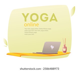 Online yoga concept. Landing page for website design with notepad and attributes for yoga and fitness. Online yoga concept. Online yoga with instructor at home web banner, landing. Vector flat illustr