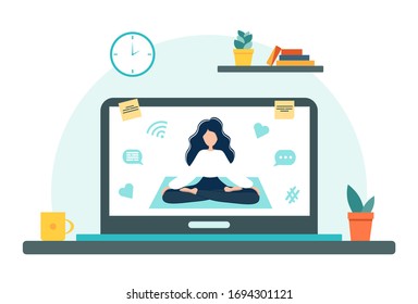 Online yoga concept with laptop, plants and cup. Screen with girl in yoga lotus practices meditation. Vector illustration in flat style. Stay at home. Self-isolation.