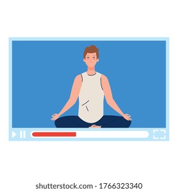 online, yoga concept, man practices yoga and meditation, watching a broadcast on a web page vector illustration design