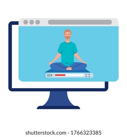 online, yoga concept, man practices yoga and meditation, watching a broadcast on a computer vector illustration design