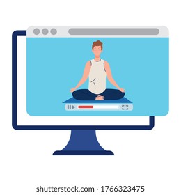 online, yoga concept, man practices yoga and meditation, watching a broadcast on a computer vector illustration design