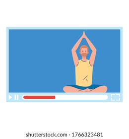 online, yoga concept, man practices yoga and meditation, watching a broadcast on a web page vector illustration design