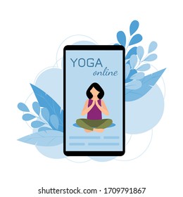Online yoga concept with mobile. Screen with girl in yoga lotus practices meditation. Vector illustration in flat style. 