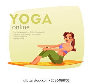 Online yoga concept. Yoga pose, girl doing exercises and looking. Online yoga with instructor at home web banner, landing. Flat vector illustration.