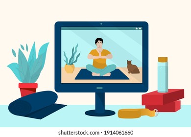 Online yoga concept. Practice items: yoga mat, bricks, strap, water bottle. Vector illustration