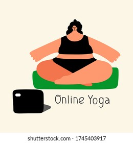 Online yoga concept. Woman doing exercise sitting on the mat. Hand drawn illustration.