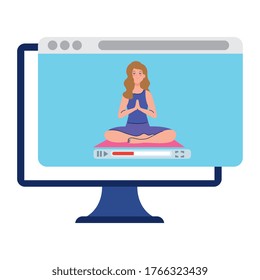 online, yoga concept, woman practices yoga and meditation, watching a broadcast on a computer vector illustration design