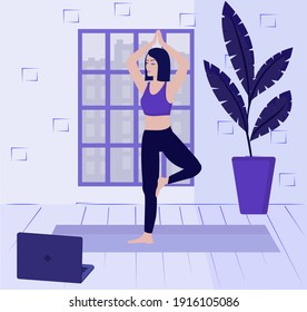 Online yoga concept. Woman standing in tree pose vector illustration