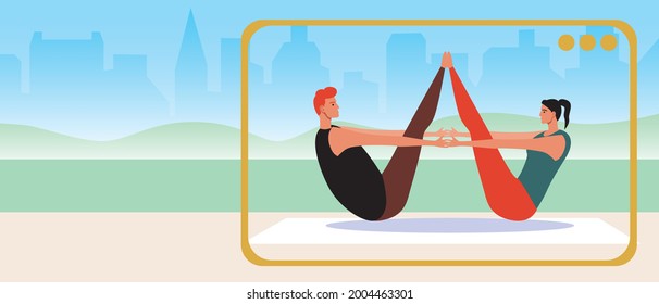 Online yoga couple, copy space template. Flat vector stock illustration. Activity in the park. Video blog. Tablet or video camera. Couple doing yoga asanas. Illustration with place for text