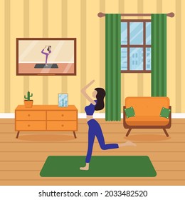 Online yoga course on TV. A woman standing in a dancer's pose. Fitness at home Video lessons, distance training. Flat vector illustration