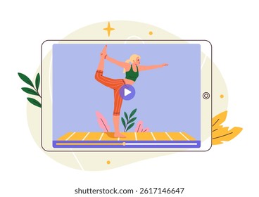 Online yoga course. Woman in sports uniform on tablet screen. Active lifestyle and training. Fitness trainer and instructor on internet. Master class. Flat vector illustration