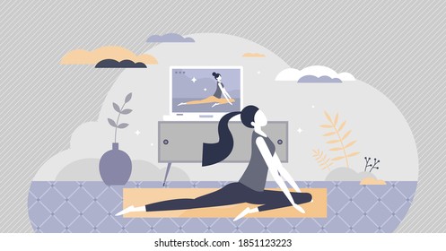 Online yoga exercise with distant instructor training tiny person concept. Body stretching activity example from video stream trainer vector illustration. Home fitness program for healthy, fit female.