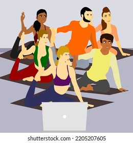 Online Yoga Or Fitness Class, Group Of Friends Practicing Yoga.