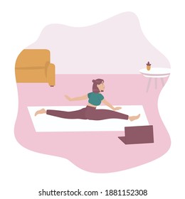 Online yoga, fitness, stretching and training concept. Yoga pose, woman to do the splits silhouette. Vector of a fit girl practicing yoga together with fitness instructor on laptop screen.