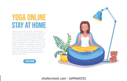 Online yoga at home, cute girl meditating. Cartoon style girl in casual clothes with doing meditation online in her room for a banner, landing page or mobile app. Vector flat illustration