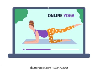 Online yoga at home for pregnant women. Healthy lifestyle and keeping fit during pregnancy. Remote way to practice fitness and sport during quarantine and epidemic. Vector illustration in flat style.