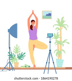 Online Yoga Instructor With Headset Practicing Tree Pose In Front Of Smatrphone On Tripod Recording Video Lesson. Flat Vector Illustration.