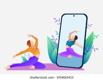 Online yoga with instructor at home.  Girl in asana doing physical exercises and watching online yoga classes on phone display, banner vector illustration.